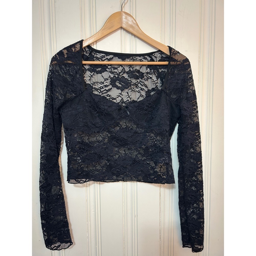 Black Floral L Lace Long Sleeve Crop Top Sheer Sweetheart Neck Y2K Dark Coquette